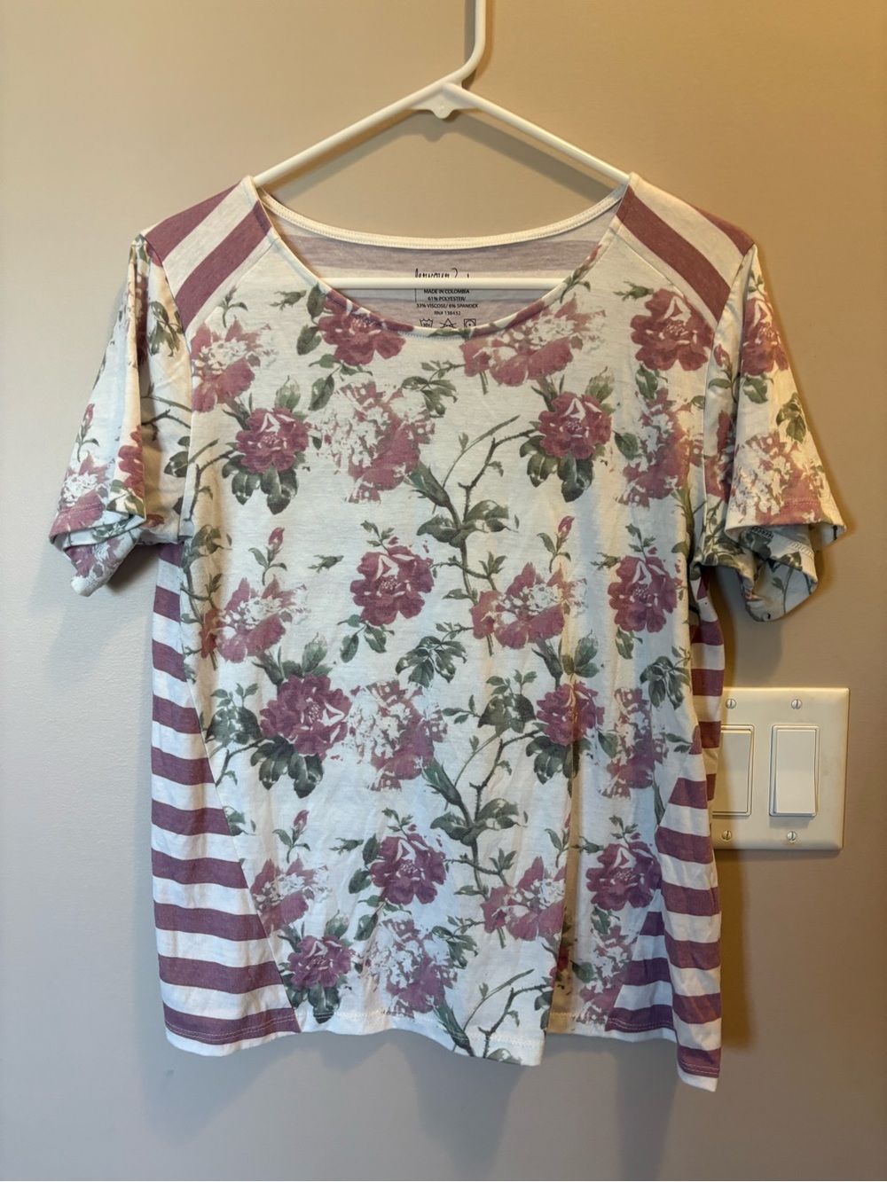 Women’s Short Sleeve Floral & Striped Tee - Mauve/Cream